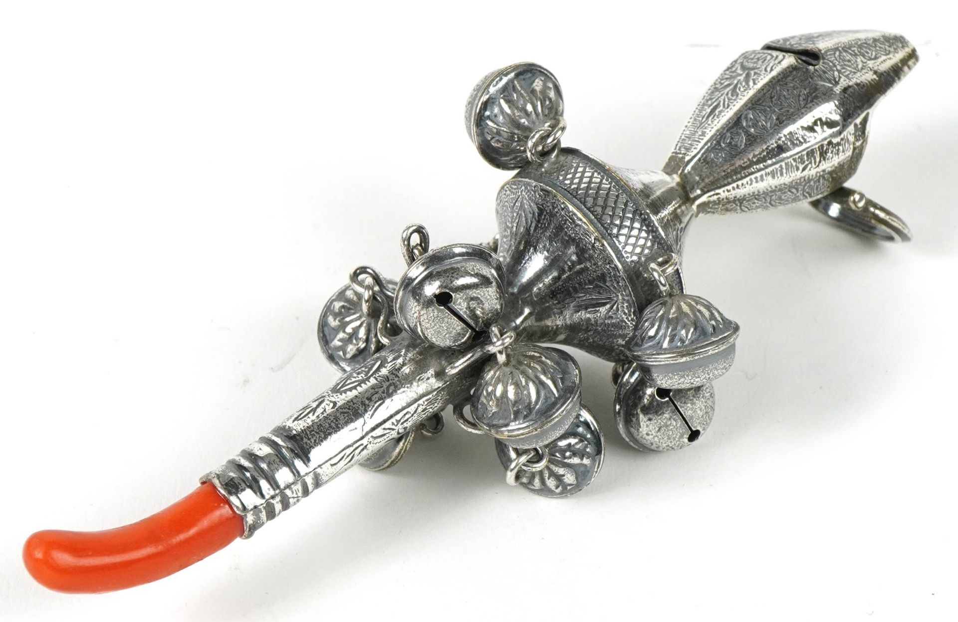 Victorian style 800 grade silver baby's rattle whistle with coral teether, 13.5cm in length, 47.3g :