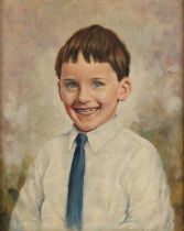 Head and shoulders portrait of a smiling boy, picture on canvas, mounted and framed, 49.5cm x 38cm