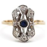 Art Deco style 14ct gold sapphire and diamond ring, size M, 2.2g : For further information on this