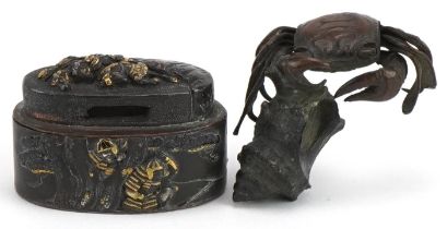 Japanese patinated bronze crab and shell kimono and a mixed metal box, the largest 4.5cm wide :