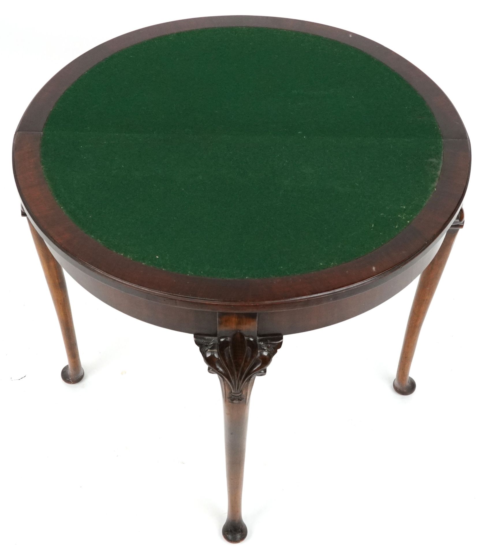 Georgian style mahogany demi lune card table with baize lined interior on cabriole legs, 74cm H x - Image 3 of 4