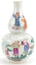 Chinese porcelain double gourd vase hand painted in the famille rose palette with emperors and