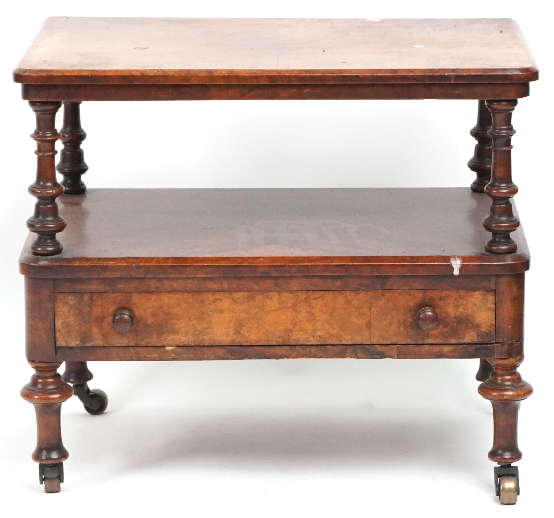 Victorian burr walnut two tier stand with frieze drawer and turned supports, 50cm H x 59cm W x - Image 2 of 4