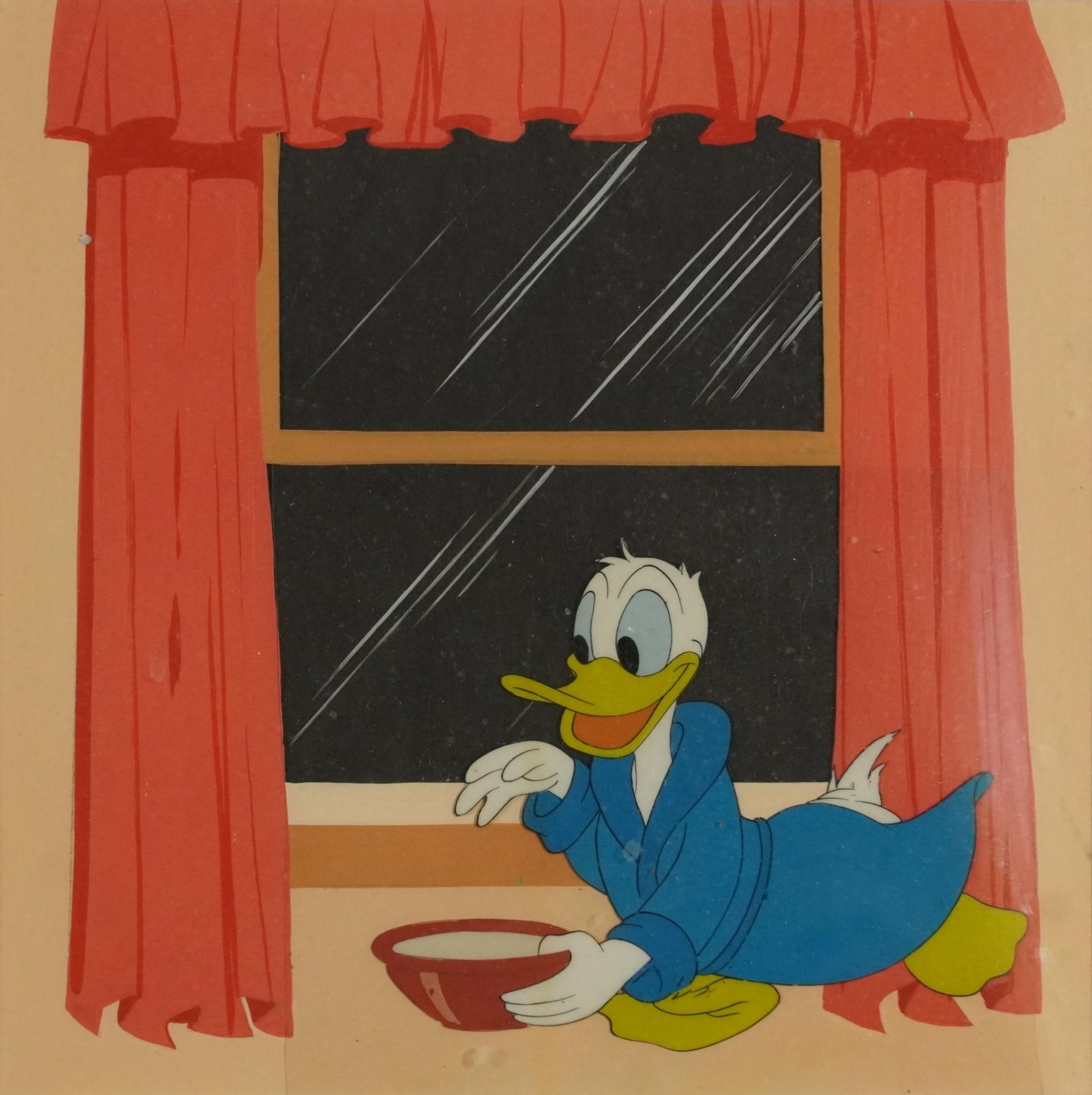 Donald Duck, vintage Disney film cell, mounted, framed and glazed, 21cm x 21cm excluding the mount