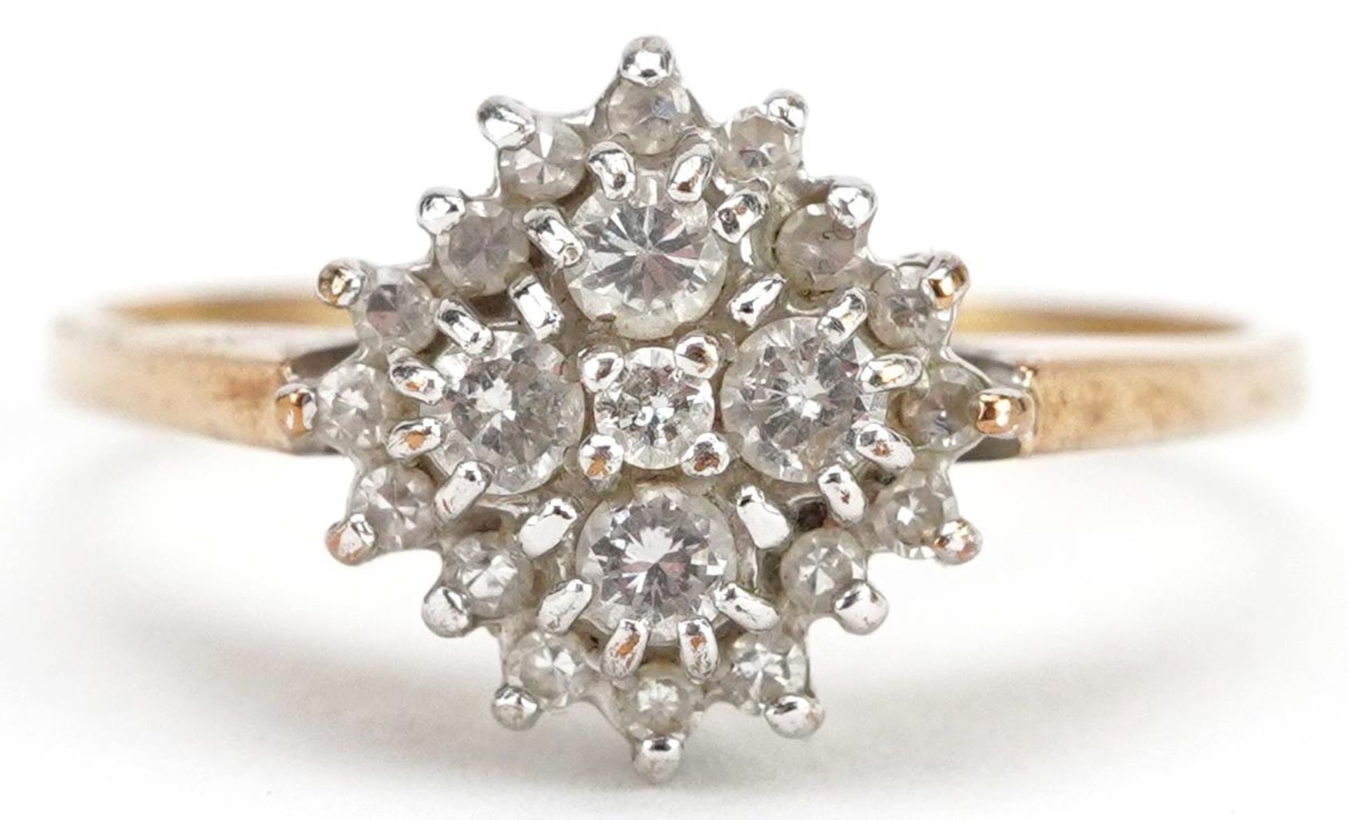 9ct gold diamond three tier cluster ring, size P/Q, 2.6g : For further information on this lot
