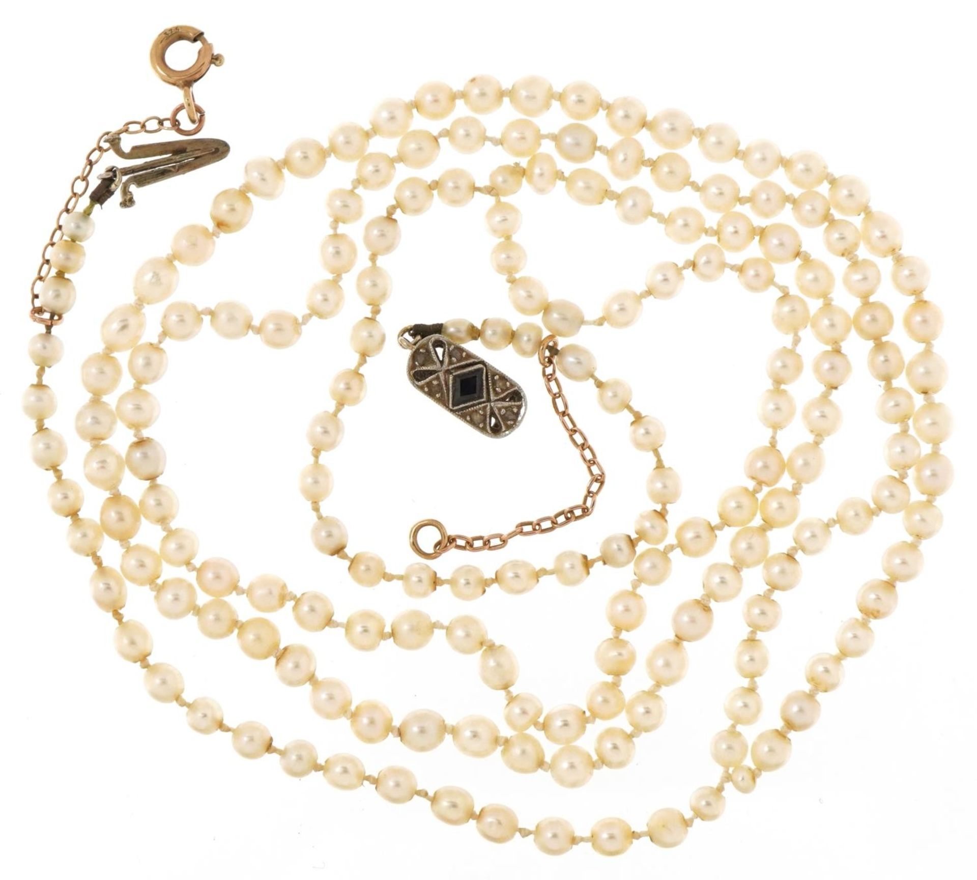 Pearl two row necklace with unmarked gold sapphire and diamond clasp, 42cm in length, 8.3g : For - Image 2 of 3