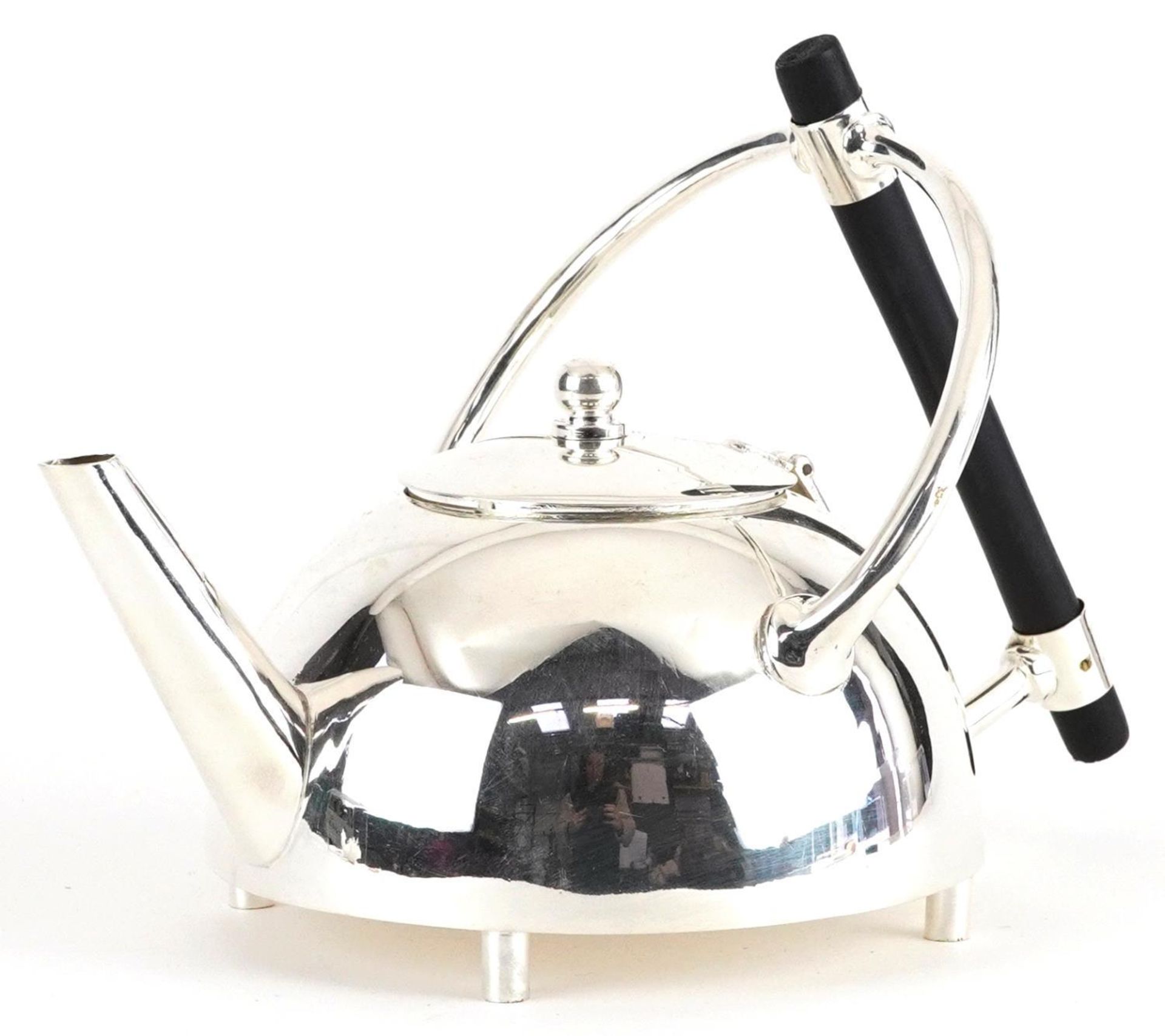 Modernist silver plated teapot with ebonised handle, 21.5cm in length : For further information on