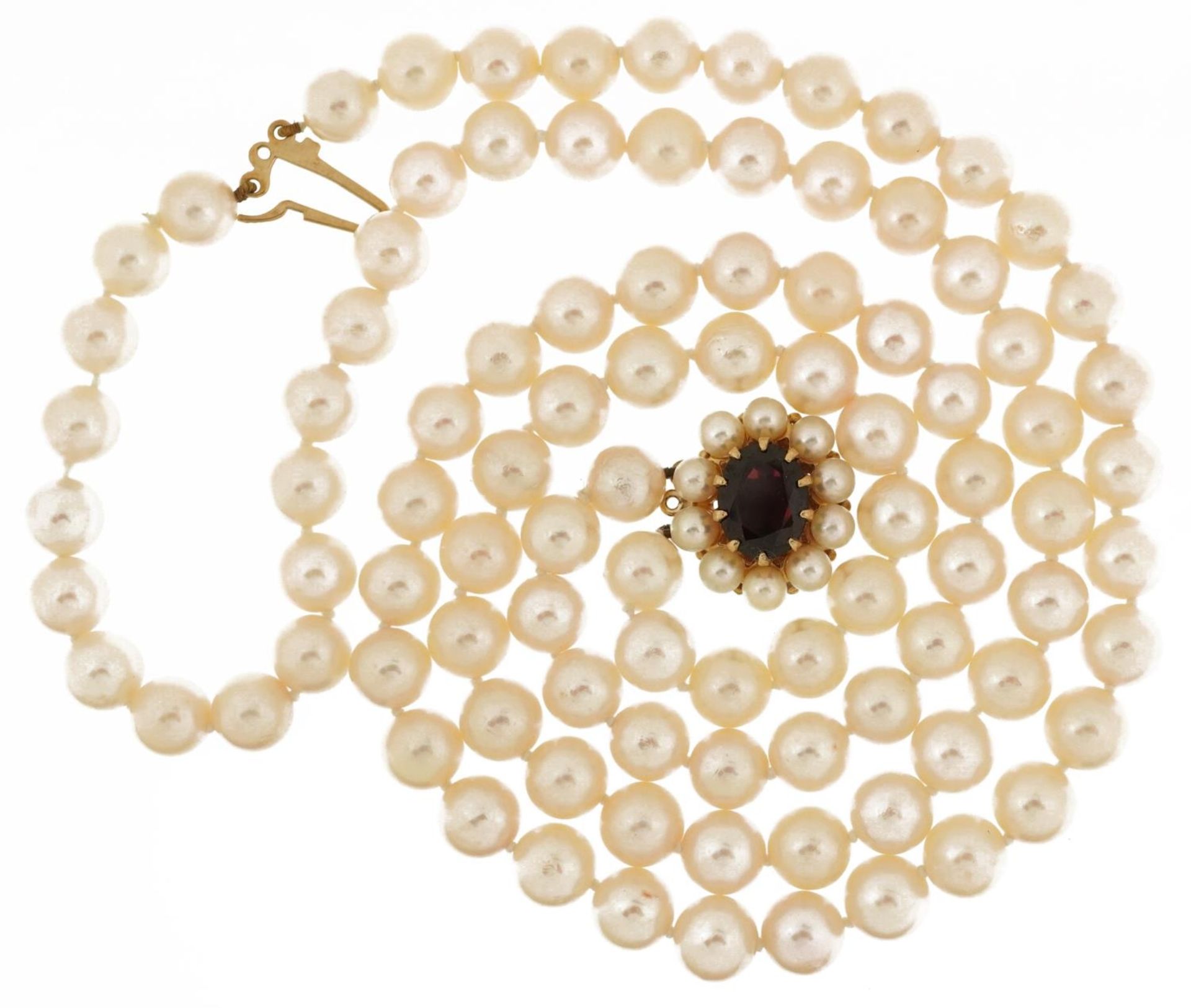 Cultured pearl two row necklace with 9ct gold garnet clasp, 38cm in length, 54.0g : For further - Image 2 of 3