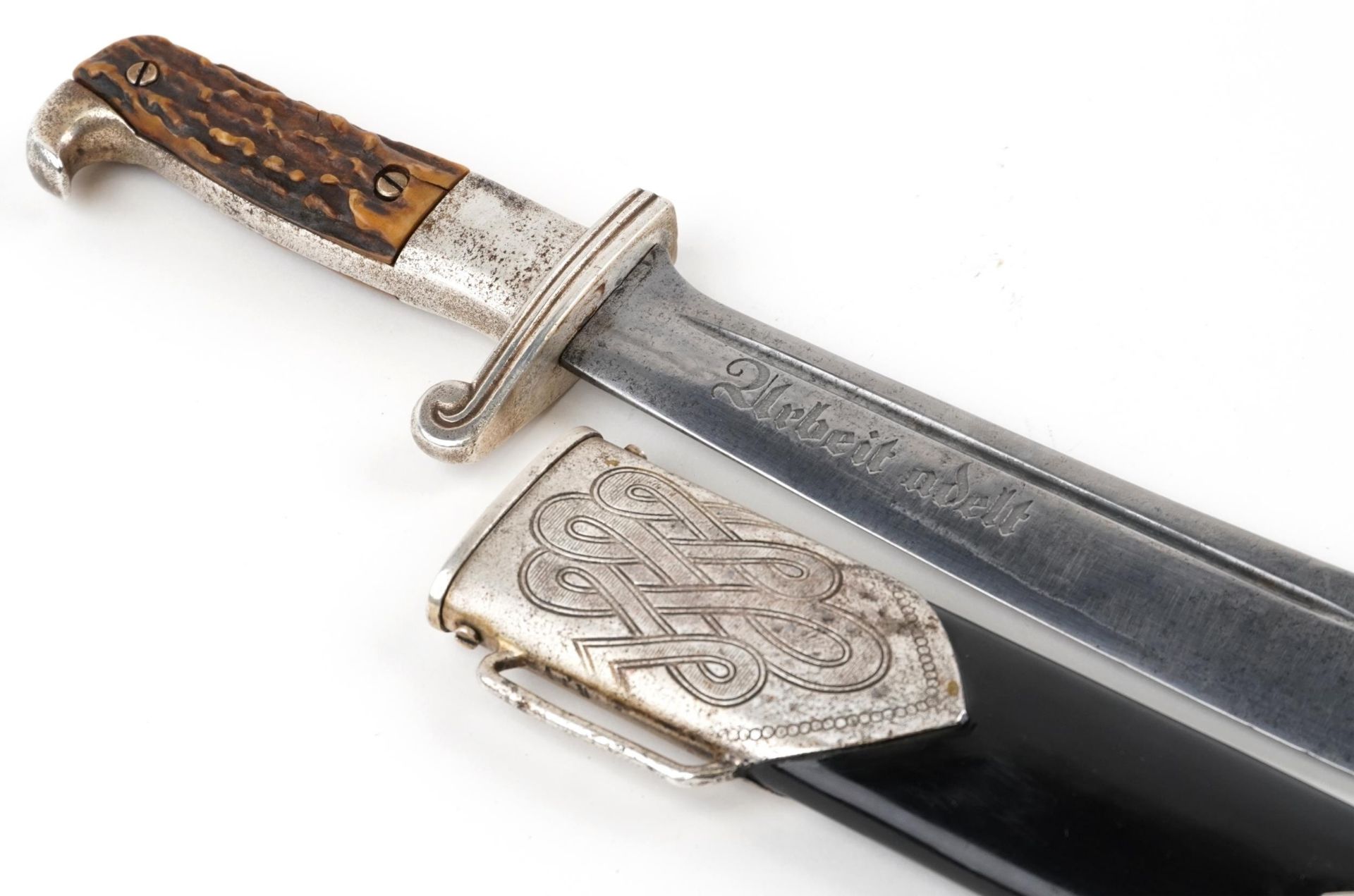 German military interest RAD Hewer with scabbard and steel blade engraved Eickhorn, 40cm in length : - Image 3 of 6