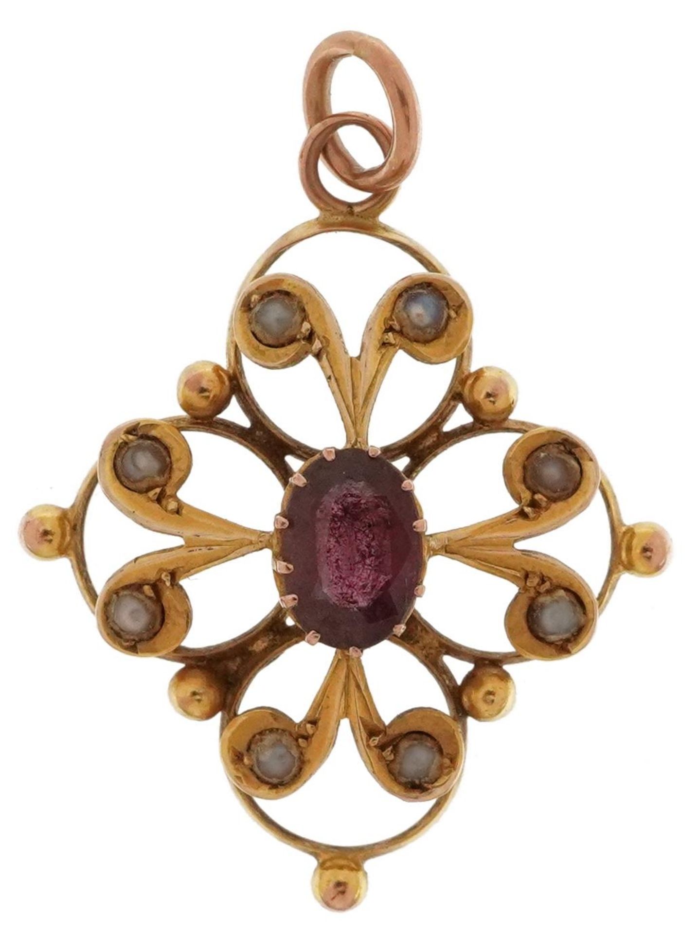 9ct gold garnet and seed pearl openwork pendant, 2.5cm high, 1.4g : For further information on