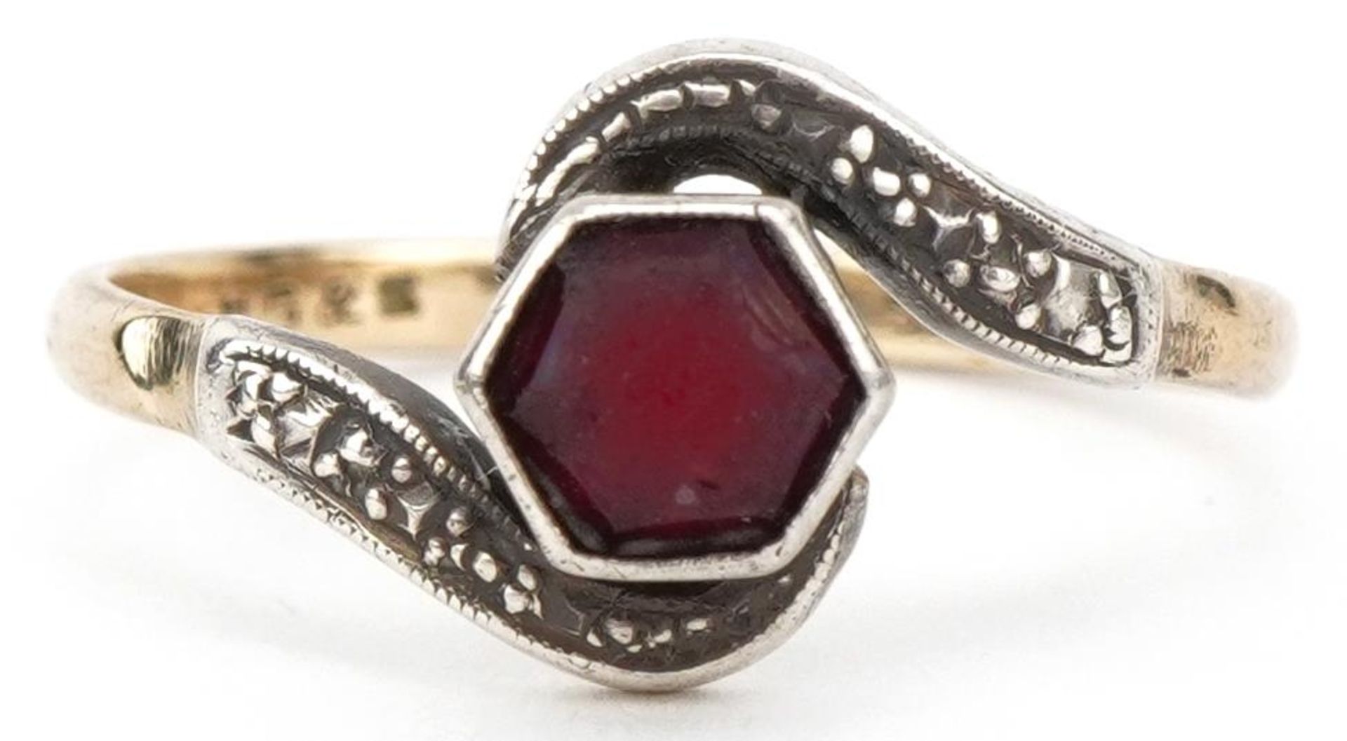 9ct gold garnet and cubic zirconia crossover ring, size N, 1.9g : For further information on this