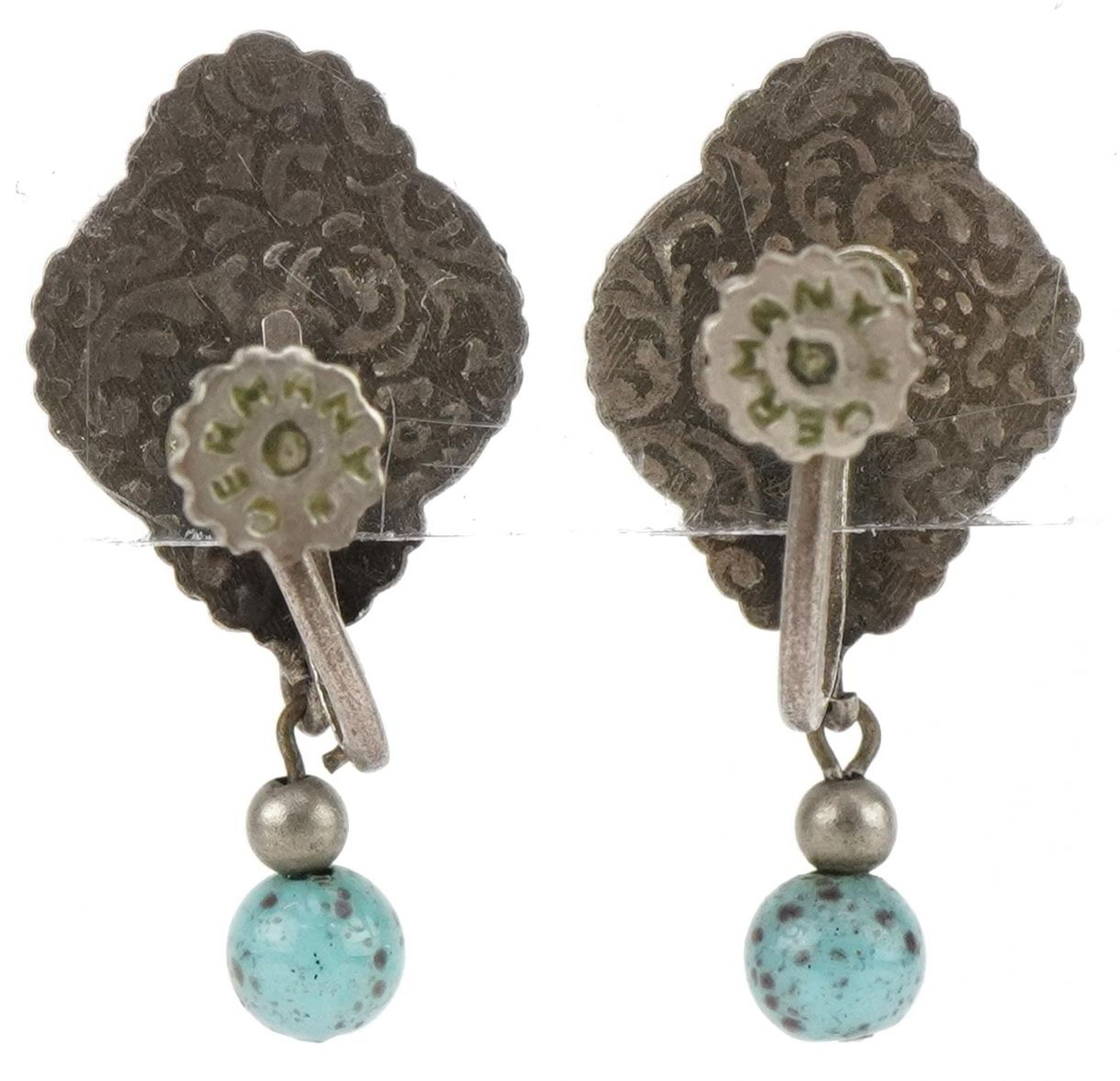 Pair of German unmarked silver turquoise drop earrings with screw backs, 3cm high, 4.8g : For - Bild 2 aus 3