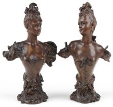 Pair of Art Nouveau patinated spelter busts of scantily dressed females with C scroll decoration,