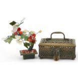 Chinese brass cricket cage together with hardstone flowers in a pot, the largest 6cm H x 14cm W x
