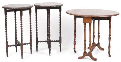 Three drop leaf tables including a pair of oak barley twist examples, the largest 65cm high : For