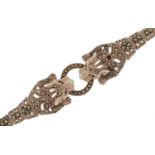 Silver marcasite double leopard bracelet with garnet eyes, 18cm in length, 20.0g : For further