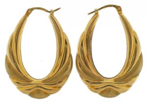 Pair of 9ct gold and embossed Gypsy hoop earrings, 3.4cm high, 3.8g : For further information on