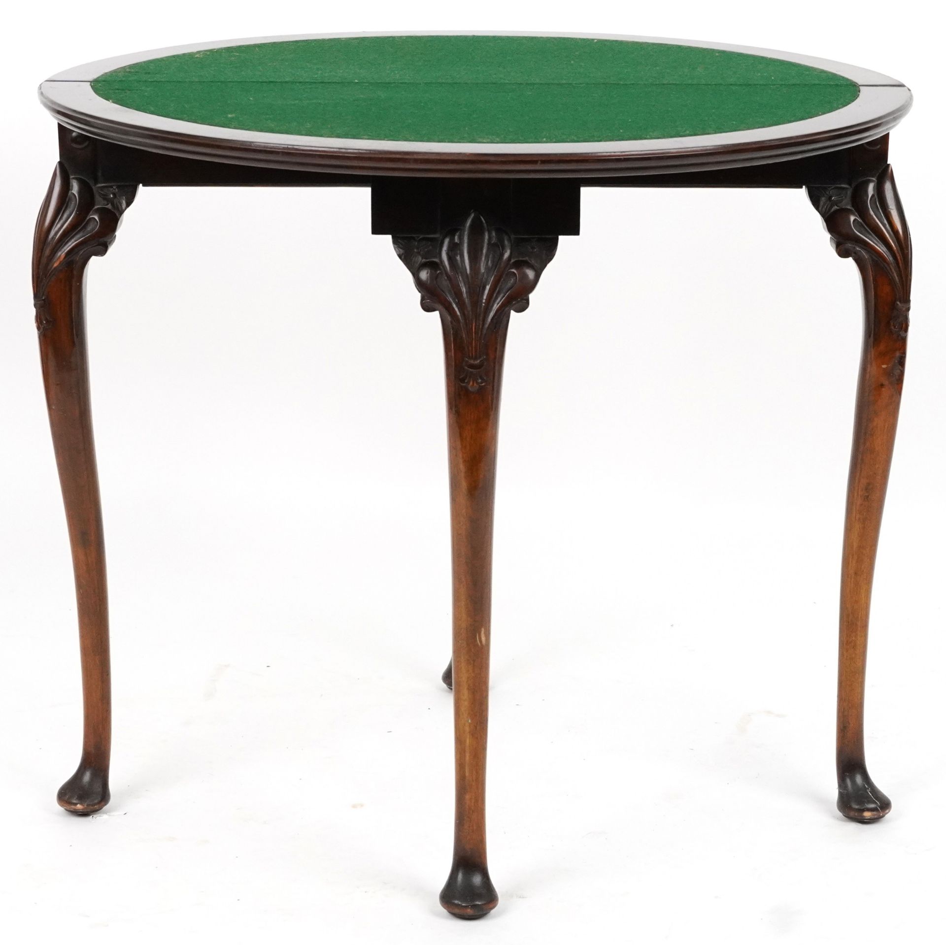 Georgian style mahogany demi lune card table with baize lined interior on cabriole legs, 74cm H x - Image 4 of 4