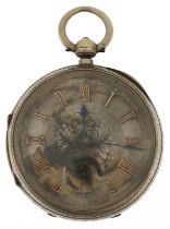 Victorian gentlemen's silver open face pocket watch with ornate silvered dial having Roman