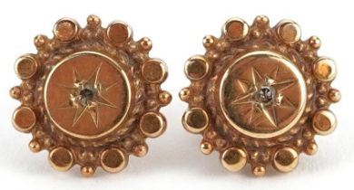 Pair of Victorian style 9ct gold diamond solitaire stud earrings, 10.0mm in diameter, 1.7g : For