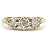9ct gold diamond three stone ring, total diamond weight approximately 0.25 carat, size Q/R, 2.3g :