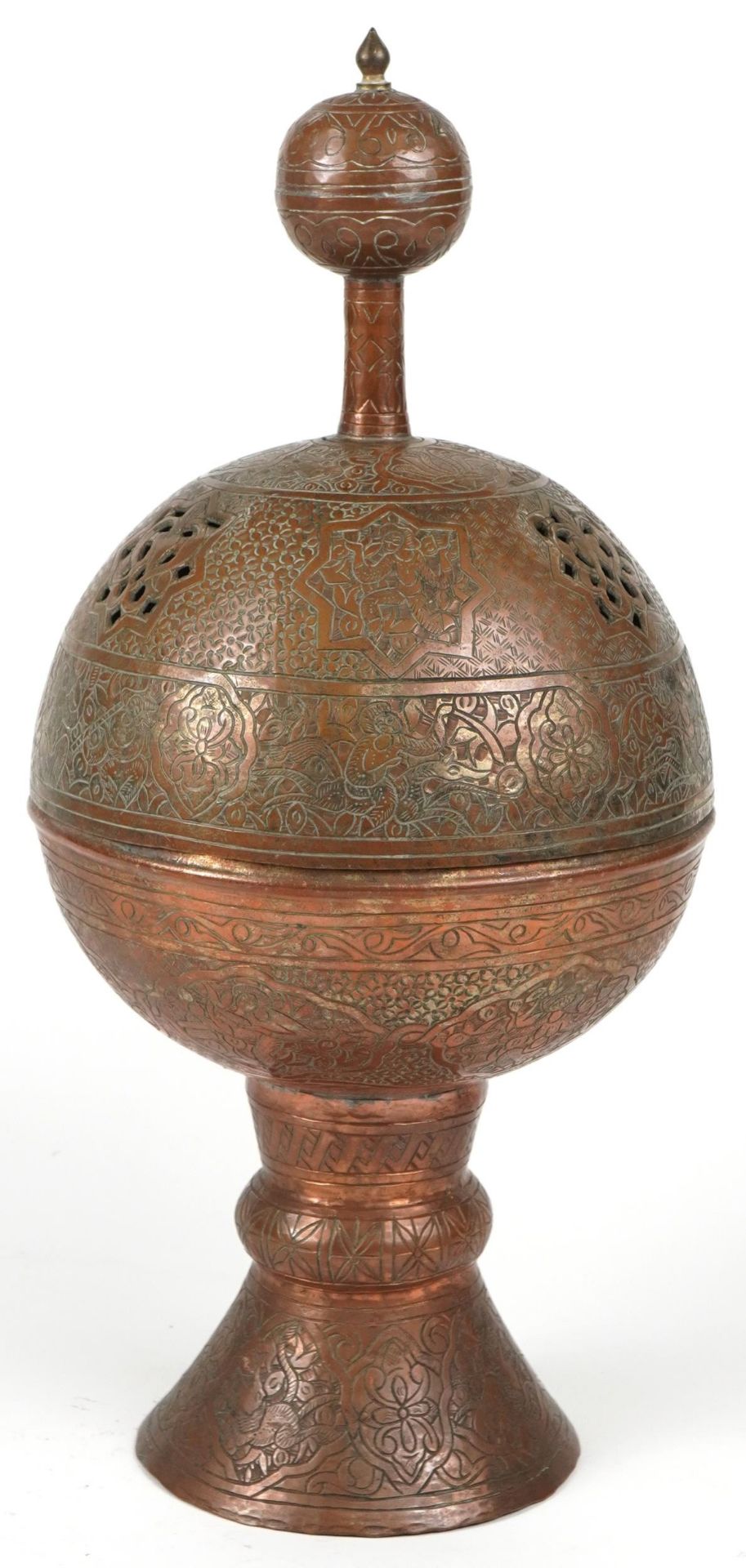 Islamic Mamluk Revival vase and cover profusely engraved with deities and flowers, 41cm high : For