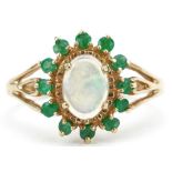 9ct gold cabochon opal and emerald cluster ring with pierced shoulders, size L, 2.0g : For further