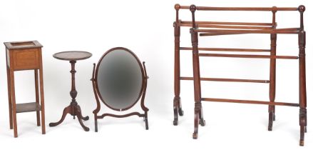 Occasional furniture including two Victorian mahogany towel rails, swing mirror and tripod wine