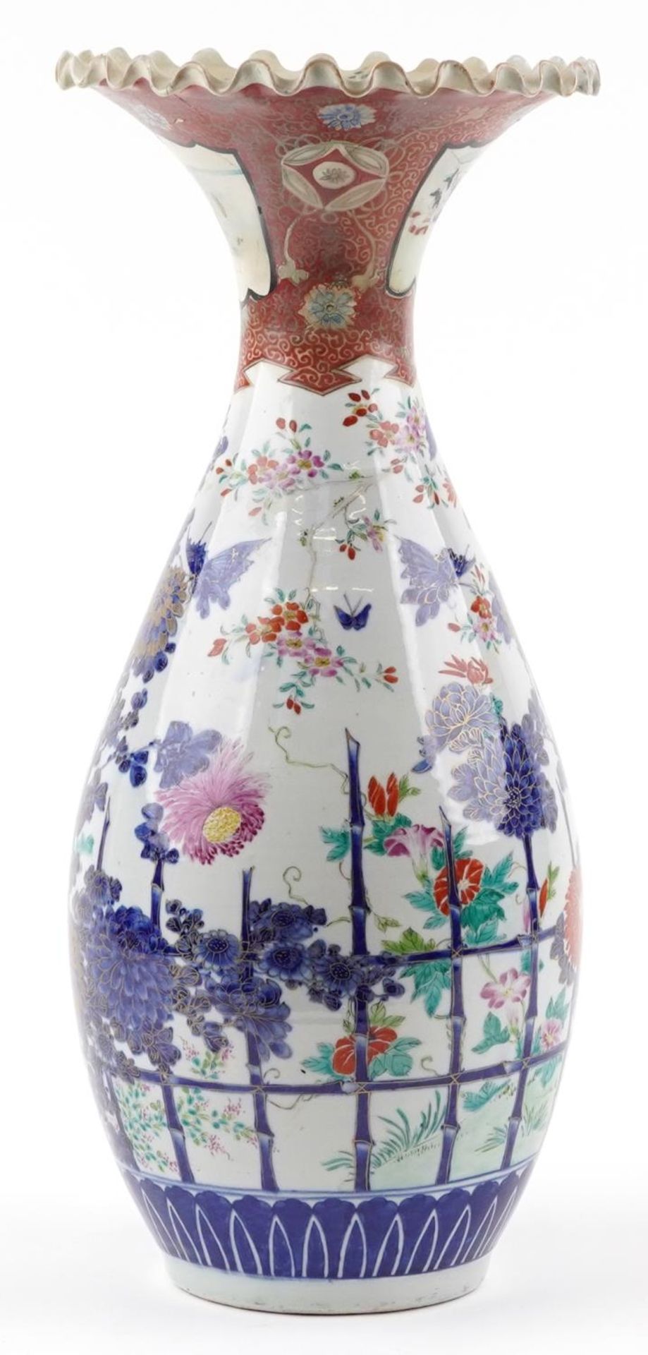 Japanese Arita porcelain vase with frilled rim hand painted with flowers, 55cm high : For further - Image 6 of 10