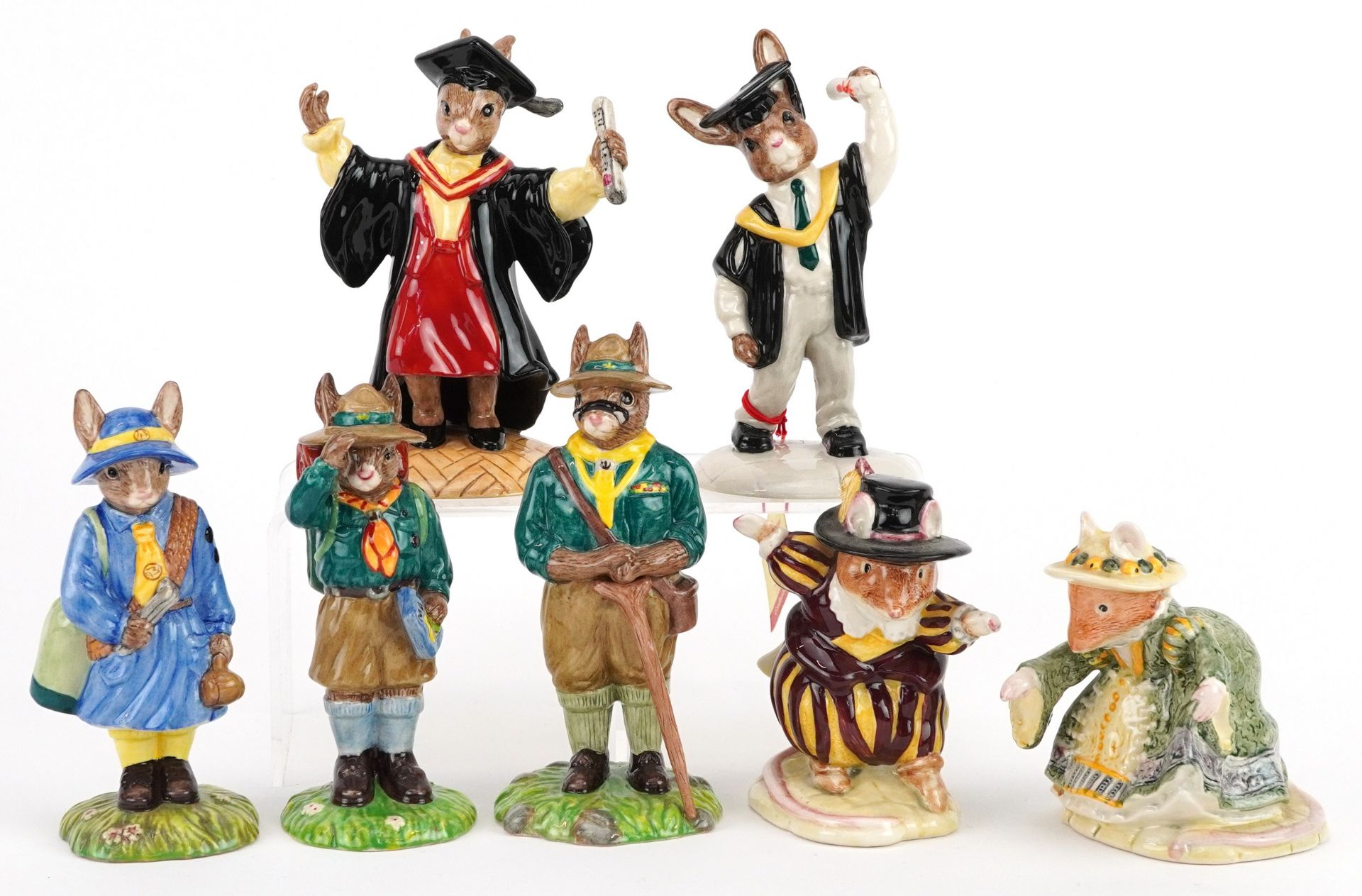 Seven Royal Doulton Bunnykins figures, five with certificates and two Bramley Hedge Gift