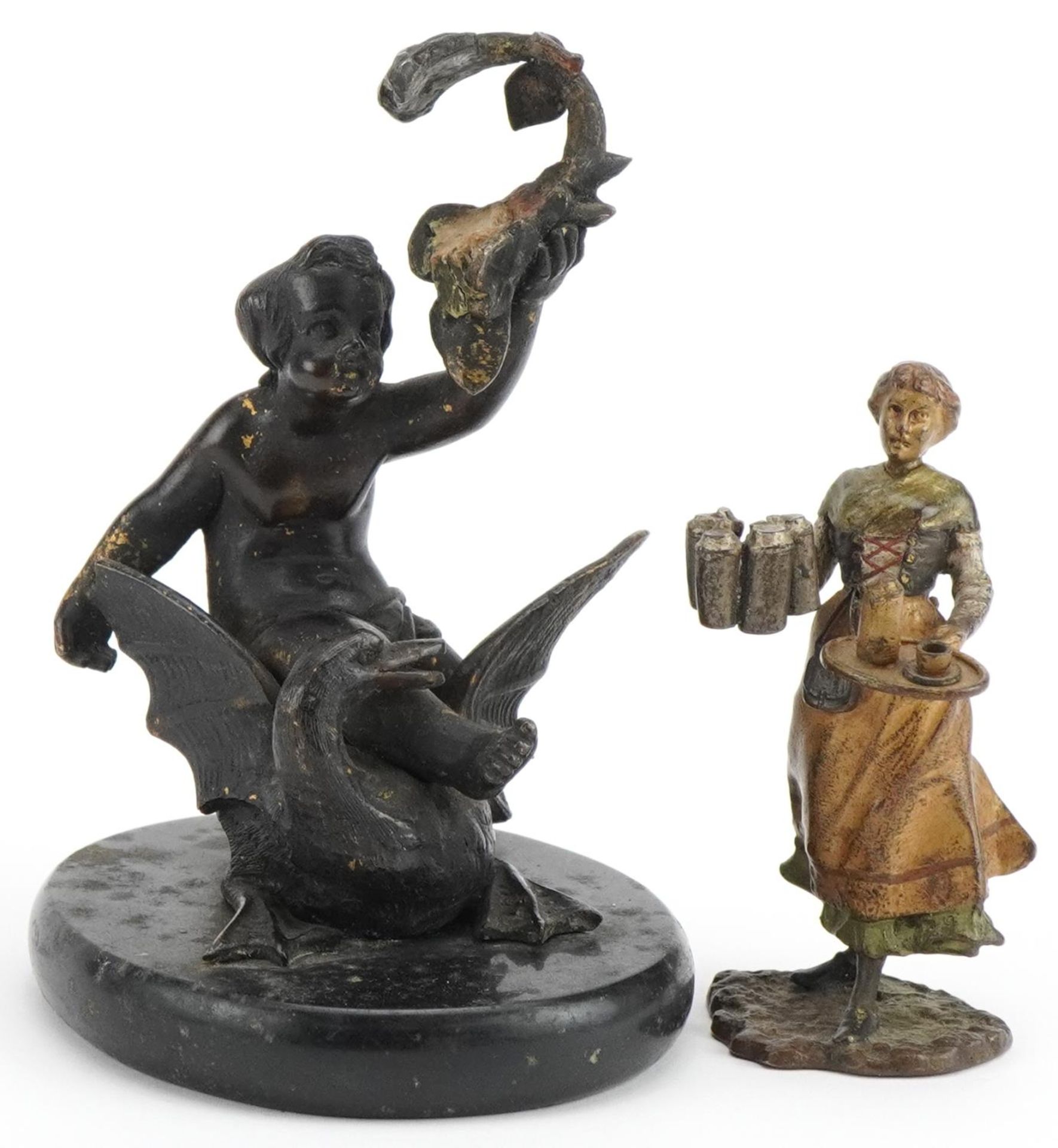 19th century partially gilt patinated bronze of Cupid riding a swan and a cold painted bronze