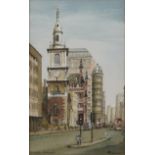 Peter W Edmonds - St Botolph, Bishopsgate, watercolour, details verso, mounted, framed and glazed,