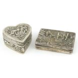 Rectangular white metal snuff box, the hinged lid embossed with an African band, impressed Denmark