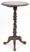 Victorian mahogany barley twist tripod occasional table with floral carved knees, 73cm high x 45cm