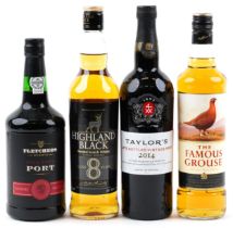 Four bottles of alcohol comprising Famous Grouse whisky, Highland Black whisky, Fletcher's port