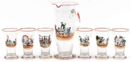 Early 20th century lemonade set depicting Pickwick comprising jug and six glasses, the largest