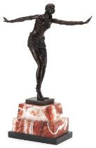 After Dimitri H Chiparus, patinated bronze statuette of an Art Deco female raised on a stepped