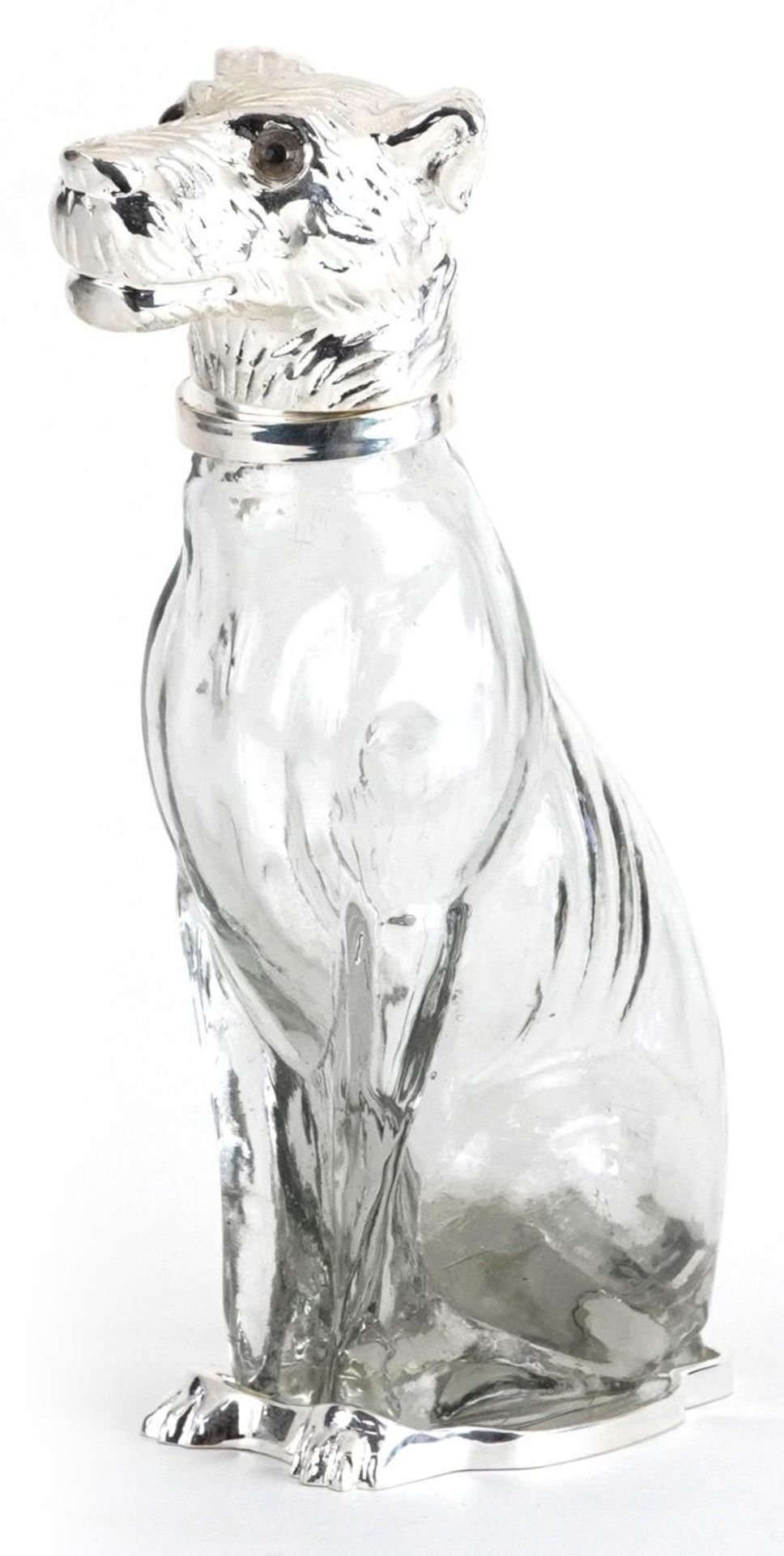 Novelty cut glass claret jug with silver plated mounts in the form of a dog, 24cm high : For further