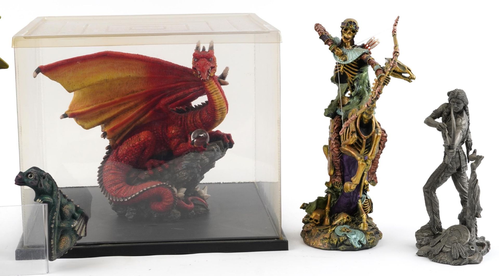 Three mythical dragons including one impressed DHM 1997 and a Franklin Mint pewter Sioux hunter by - Image 3 of 7