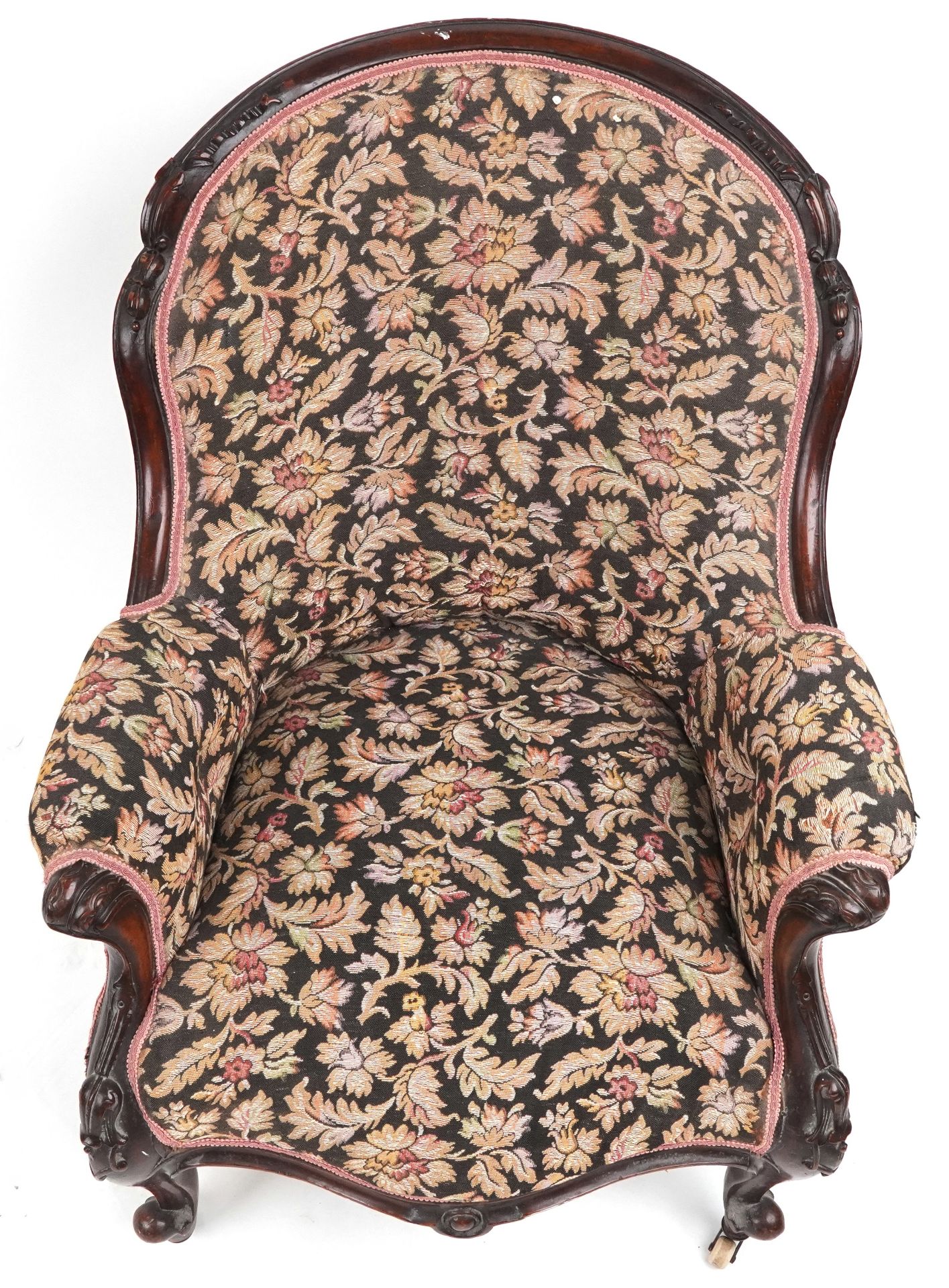 Victorian mahogany arm chair with floral upholstery and serpentine front, 90cm high : For further - Image 3 of 4