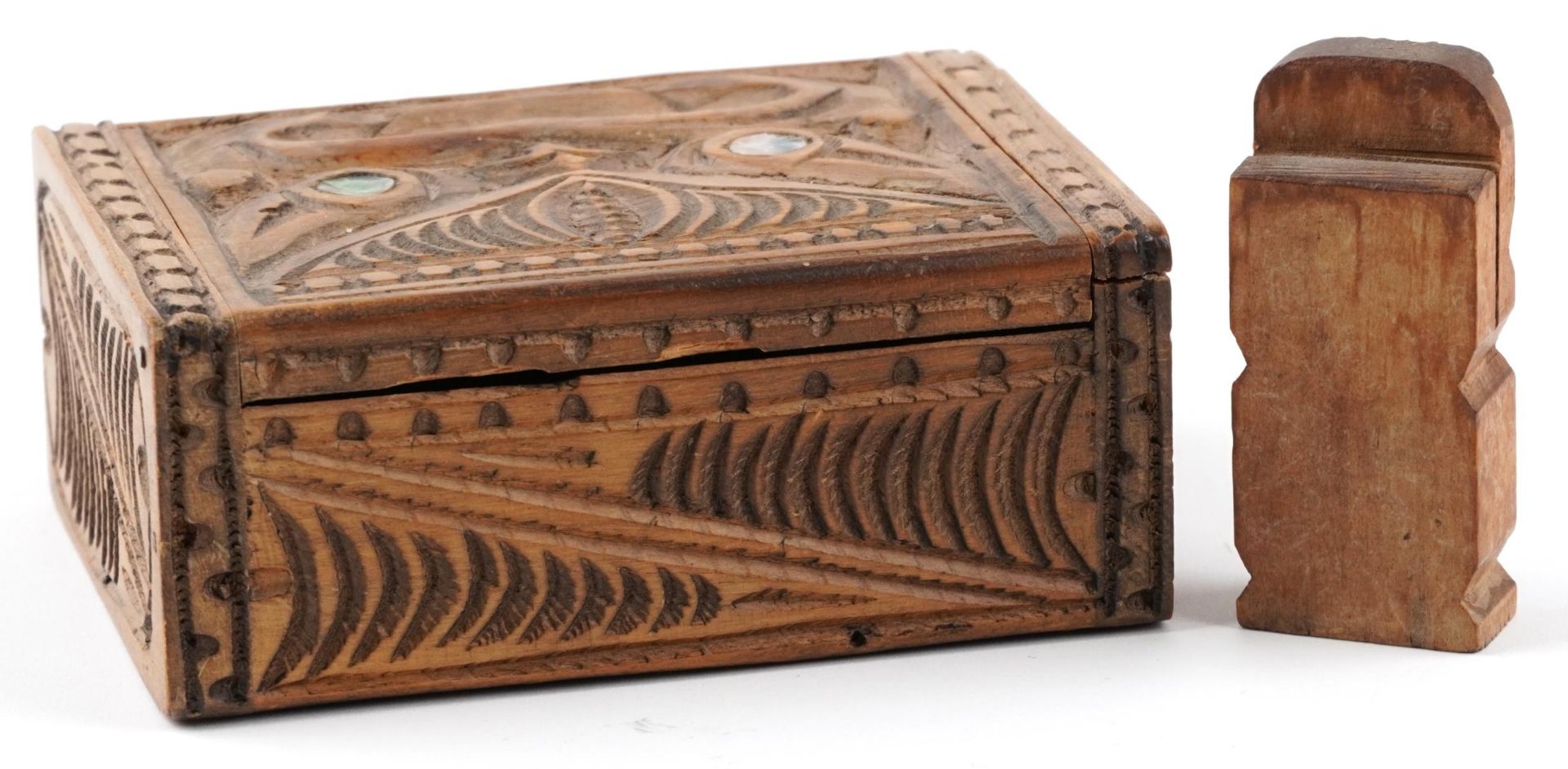 New Zealand Maori carvings including a rectangular box with hinged lid and abalone inlay, the - Image 2 of 3