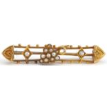 Victorian 15ct gold seed pearl bunch of grapes bar brooch, 4cm wide, 3.1g : For further
