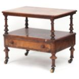 Victorian burr walnut two tier stand with frieze drawer and turned supports, 50cm H x 59cm W x
