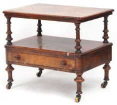 Victorian burr walnut two tier stand with frieze drawer and turned supports, 50cm H x 59cm W x