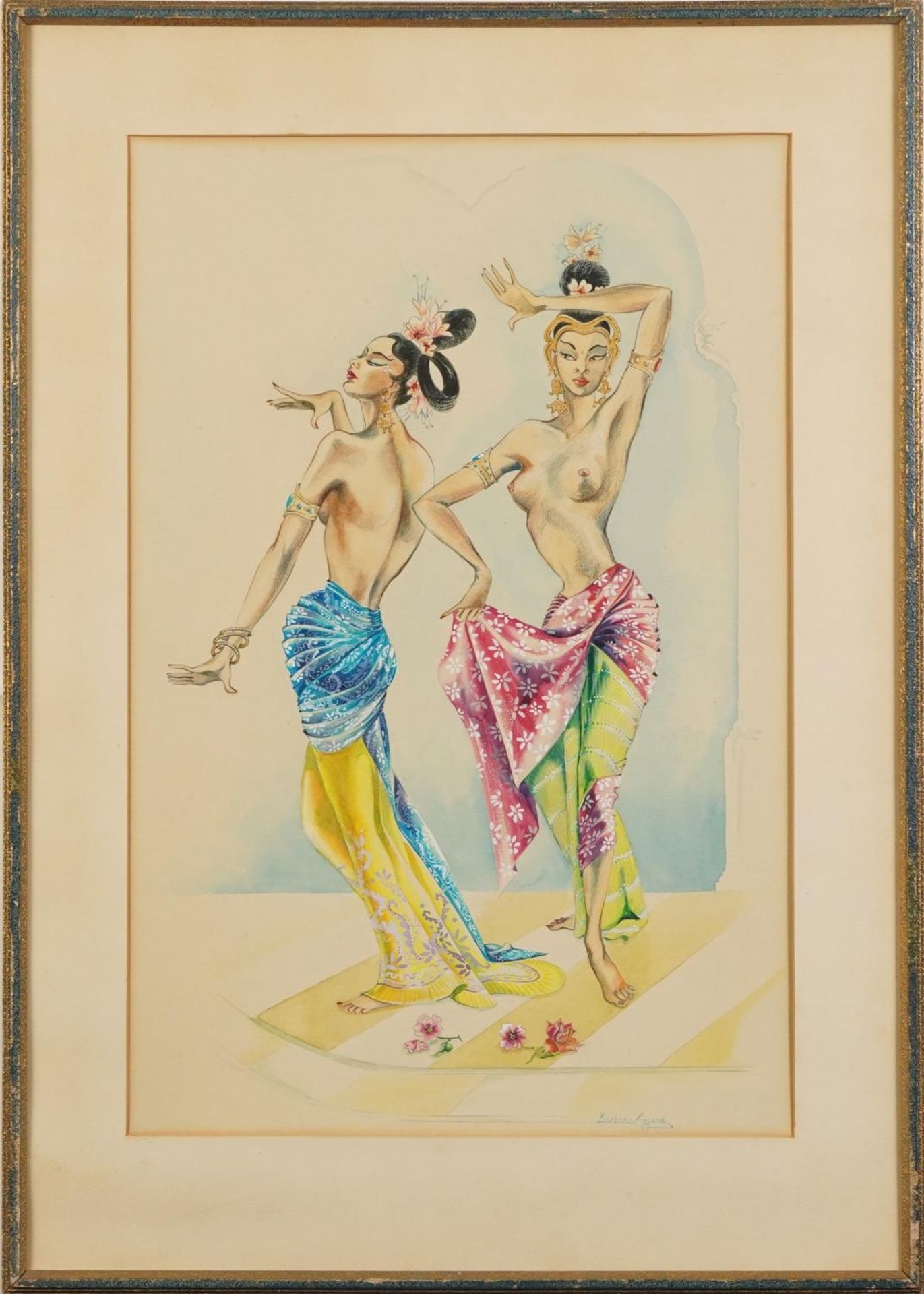 Barbara Rogers - Balinese dancers, watercolour on card, inscribed label verso, mounted and framed, - Image 2 of 5