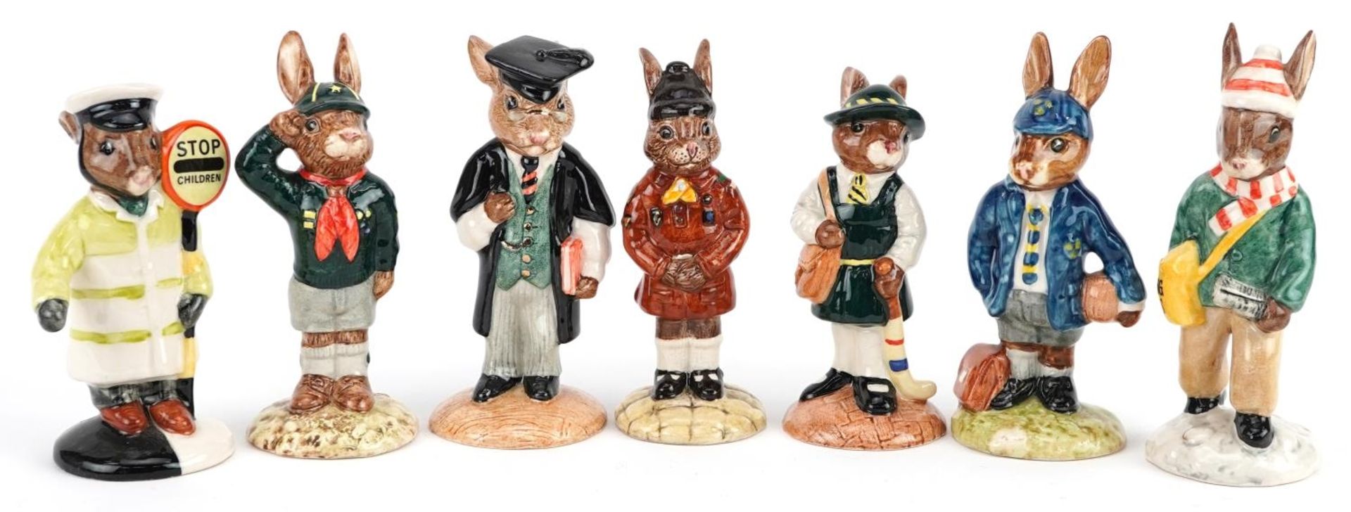 Seven Royal Doulton Bunnykins figures comprising Be Prepared Bunnykins, School Day Bunnykins, School