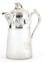 19th century style glass jug with silver plated mounts decorated in relief with leaves and