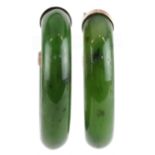 Pair of green jade hoop earrings with yellow metal mounts, 2.9cm in diameter, 10.0g : For further