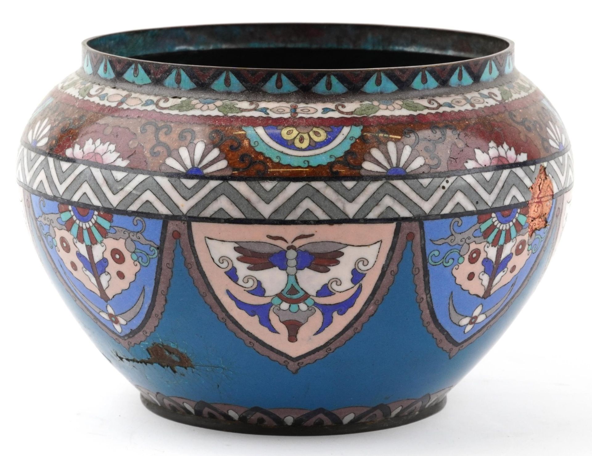 Japanese cloisonne jardiniere hand painted with panels of stylised butterflies and flowers, 29cm - Bild 2 aus 6