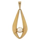 Modernist 9ct gold cultured pearl pendant, 3.5cm high, 1.2g : For further information on this lot